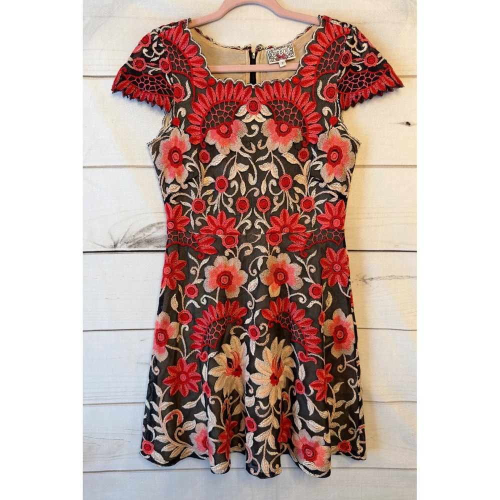Baraschi Red Floral Embroidered Mesh Mini Dress Short Sleeve AD361 Womens 2